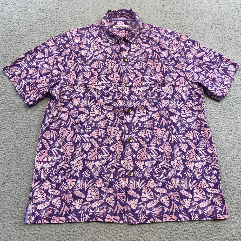 Tommy Bahama Shirt Mens Large Purple Pink IslandZone Silk Blend Hawaiian Aloha